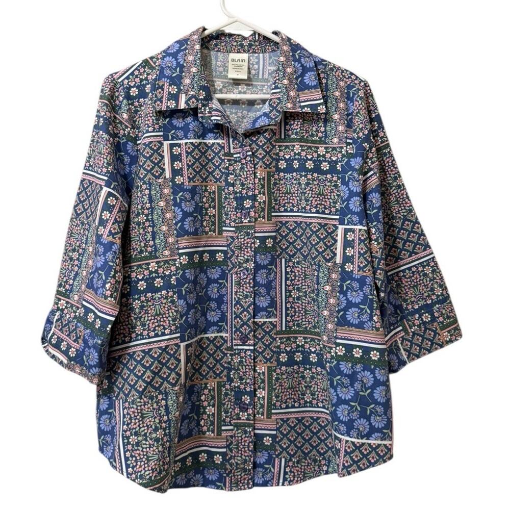 Blair Women Size Medium Button Down Shirt Floral Patchwork Office Teacher Spring